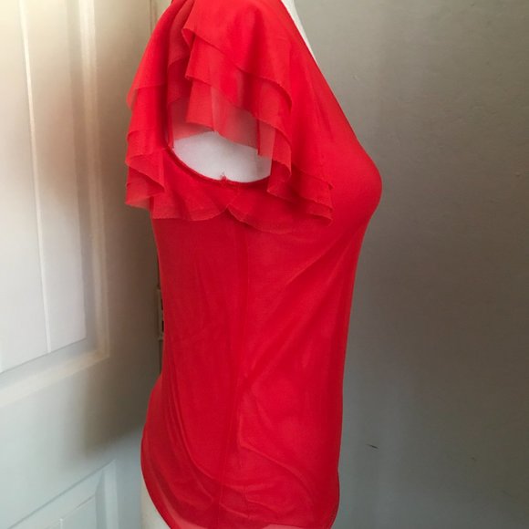 Vince Camuto Flutter Cap Sleeve Mesh Overlay Bright Coral V-Neck Top NWT Small - Picture 4 of 10